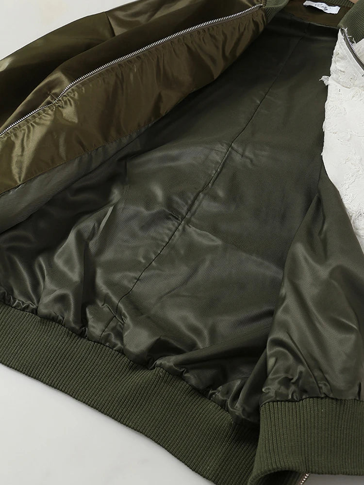 Loose Fit Green Color-block Big Size Jacket New Stand Collar Long Sleeve Women Coat Fashion Spring Autumn 2025 1DE6987