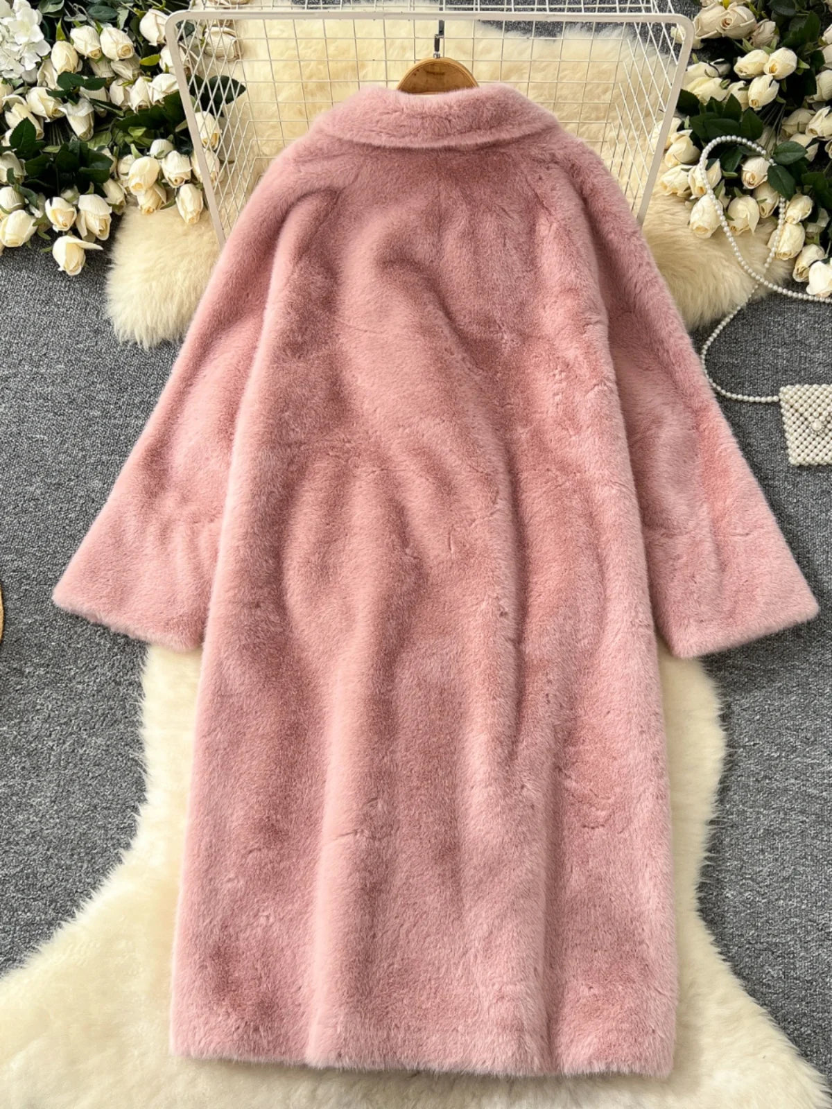 Korean Fashion 2024 Winter Solid Elegant Double-breasted Warm Imitation Mink Fur Coat Women Office Lady Thick Loose Long Jacket