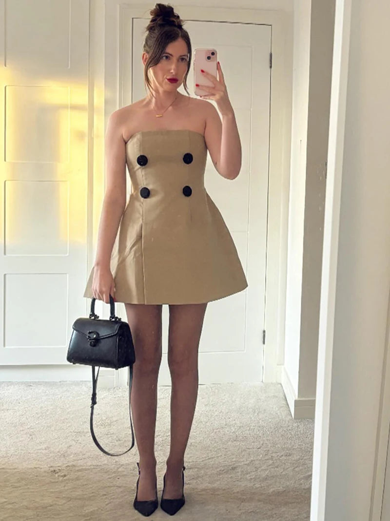 Off-shoulder Strapless Sexy Mini Dress For Women Khaki Fashion High Waist Backless Sleeveless Club Party Dress Elegant