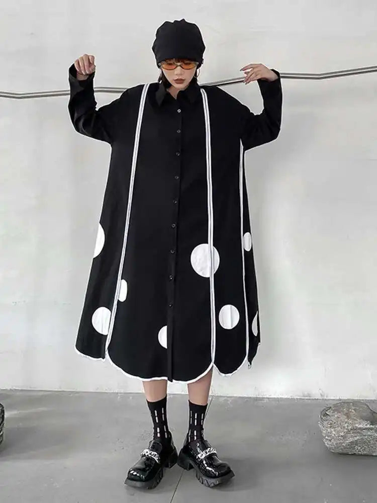 Women Black Dot Printed Long Big Size Shirt Dress New Lapel Long Sleeve Loose Fit Fashion Tide Spring Autumn 2025 1DF1508