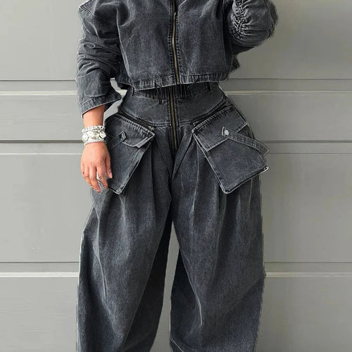 Load image into Gallery viewer, Solid Two Piece Set For Women Turtleneck Long Sleeve Short Top High Waist Spliced Pockets Wide Leg Pants Casual Sets Famale
