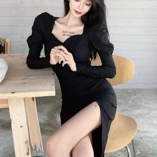 Load image into Gallery viewer, Vintage Balck Dress Women Casual Elegant Slim Wrap Split Party Dresses Puff Sleeve Square Collar  Fashion Korean
