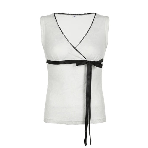 Load image into Gallery viewer, Fashion Chic White Lace Tops Skinny Front Tie Up Stitching Sexy Vest V-Neck Korean Style Sleeveless Tank Top Outfits
