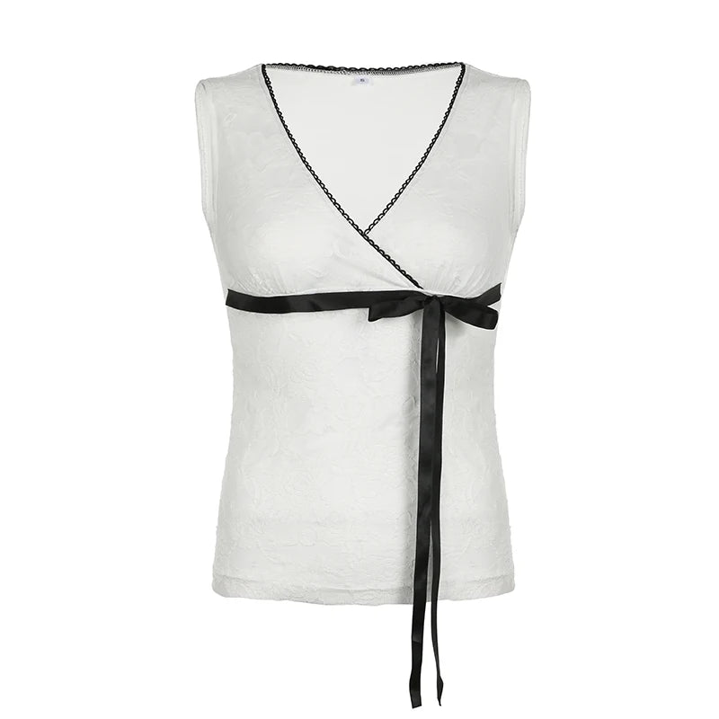 Fashion Chic White Lace Tops Skinny Front Tie Up Stitching Sexy Vest V-Neck Korean Style Sleeveless Tank Top Outfits