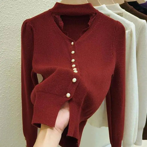 Load image into Gallery viewer, Autumn Winter Solid Lace Hollow Out Single Breasted Velvet Sweater Korean Fashion Women Warm Knitwear Long Sleeve Pullovers Tops
