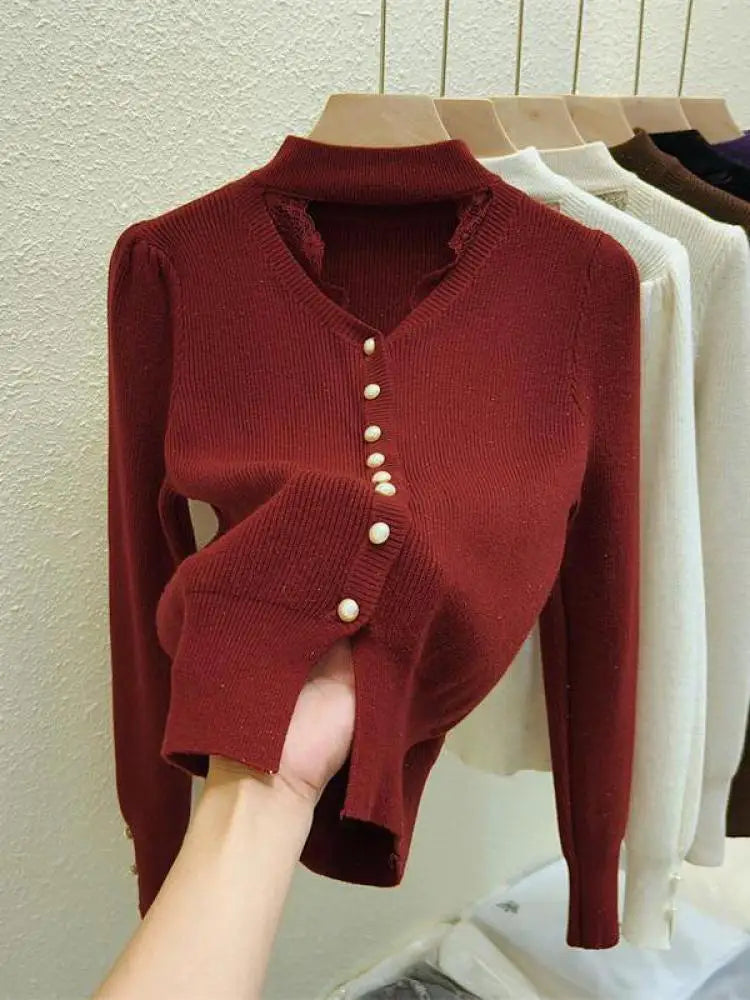 Autumn Winter Solid Lace Hollow Out Single Breasted Velvet Sweater Korean Fashion Women Warm Knitwear Long Sleeve Pullovers Tops