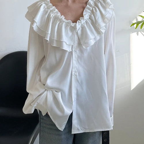 Load image into Gallery viewer, Women White Black Ruffles Big Size Elegant Blouse New V-neck Long Sleeve Shirt Fashion Tide Spring Autumn 2025 1DH95500
