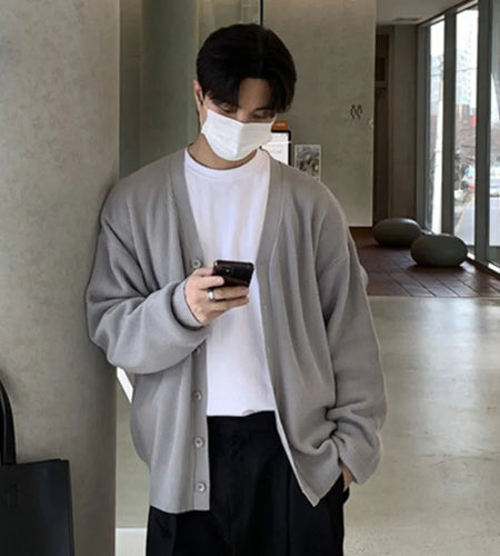 Trendy Men's Cardigan V-neck Solid Color Droop Casual Single Breasted Knitting Loose Male Sweaters Korean Simple 9C9309