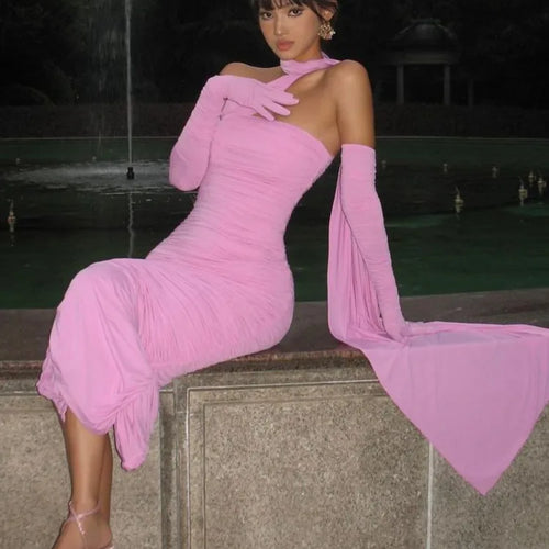 Load image into Gallery viewer, Women's Elegant Sleeveless Mesh Dress, Double Layer Bodycon, Pleated, Long, Tight, Party, Club, Evening
