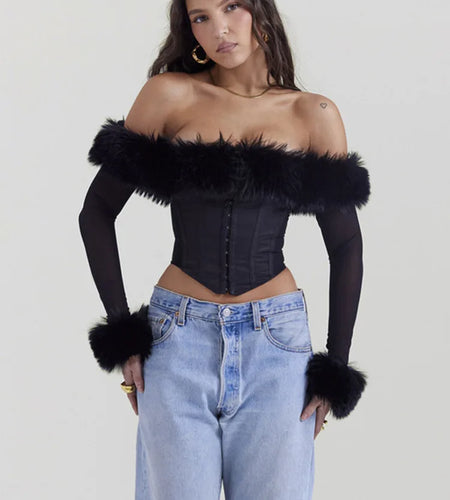 Autumn Sexy Tunic Waist Fish Bone One Line Neck Long Sleeved Top Tank Velvet Spicy Girl Tight Women Long Sleeved Top