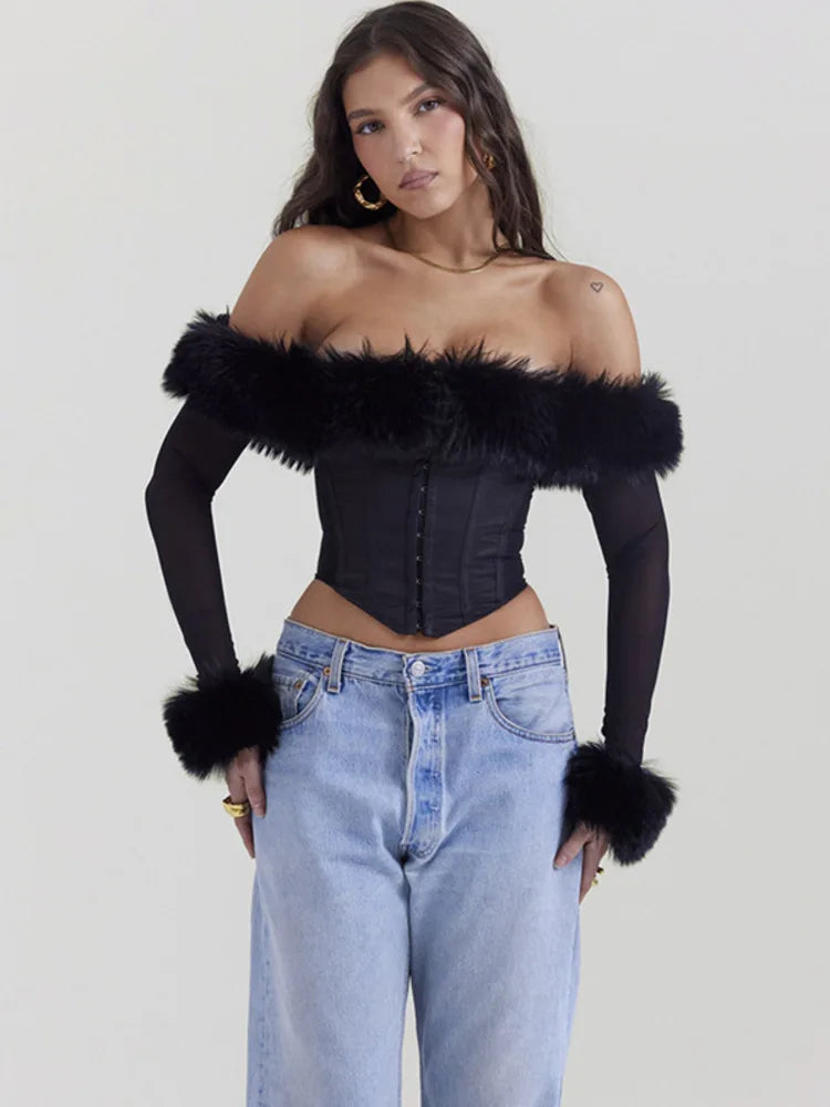 Autumn Sexy Tunic Waist Fish Bone One Line Neck Long Sleeved Top Tank Velvet Spicy Girl Tight Women Long Sleeved Top