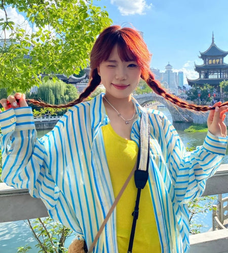 Oversized Casual Vertical Stripe Women Blouse Harajuku Sun Protection Pocket Blusas Single Breasted Grunge Y2k Aesthetic Shirts