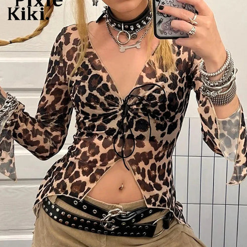 Load image into Gallery viewer, Leopard Print Mesh Sheer Long Sleeve Top 2000s Clothes Y2k Sexy Lace Up V Neck Flare Sleeve Shirts &amp; Blouses P85-BC11
