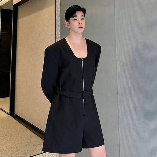 Load image into Gallery viewer, Summer Men&#39;s Jumpsuit One-piece Belted Shorts Suit Shaped Low Neck Zippersolid Color Male Rompers Personality 9C5466
