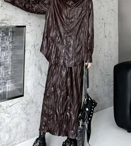 Wine Red Leather Shirt Half-body Skirt Two Pieces Suit New Lapel Long Sleeve Women Fashion Tide Spring Autumn 2025 1DH6880