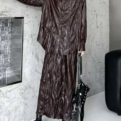 Load image into Gallery viewer, Wine Red Leather Shirt Half-body Skirt Two Pieces Suit New Lapel Long Sleeve Women Fashion Tide Spring Autumn 2025 1DH6880
