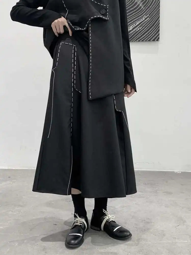 High Elastic Waist Black Topstitched Irregular Ra-line Half-body Skirt Women Fashion Tide New Spring Autumn 2025 1DF1073