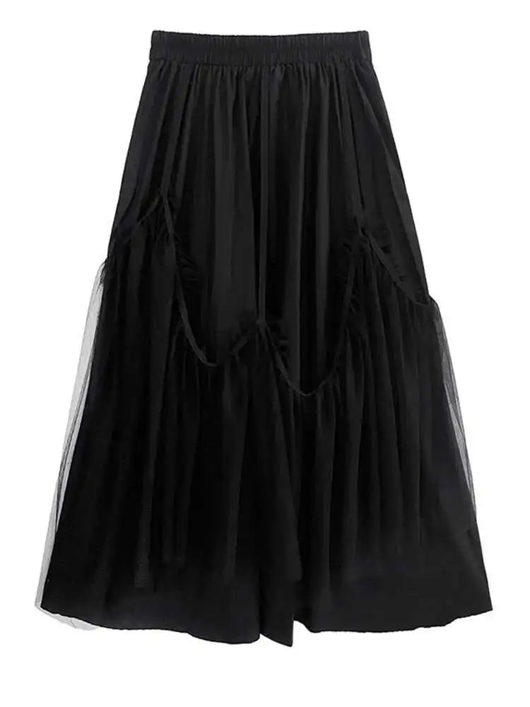 High Elastic Waist Black Mesh String Irregular A-line Half-body Skirt Women Fashion Tide New Spring Autumn 2025 1DH9575