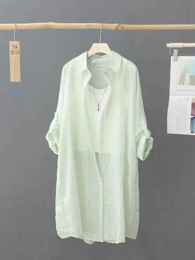 Casual Women's Shirt Loose Long Sleeve Top Summer Thin Jacket Coat Medium Long Blouses Female Clothing Fashion Solid Color