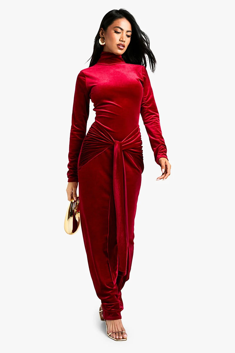 Velvet Long Sleeve Sexy Maxi Dress For Women Autumn Winter New Turtleneck Draped Ruched Bodycon Sexy Long Dress