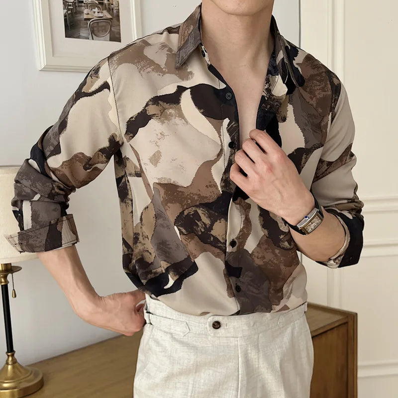 Men's Casual Shirts New Korean Printing Long Sleeve Shirt Loose Turn-down Collar Stylish Single Breasted Male Top 9W1575