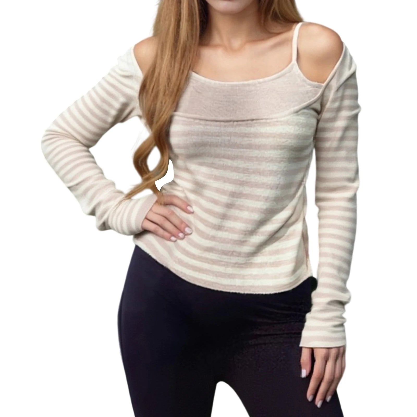 Gothic Striped Tops y2k Women Aesthetic Clothing Fake Two-Piece Long Sleeve T Shirt Spring Fall Clothes Streetwear