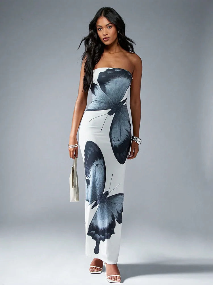 Off-shoulder Print Sexy Maxi Dress Women Summer New Strapless Sleeveless Backless High Waist Beach Holiday Long Dress