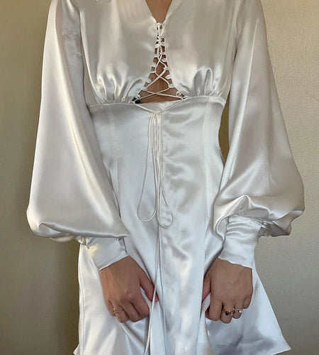 Elegant Long Sleeved Satin Lace Up Dress For Women Bodycon Suit Collar Hollow Out Dress Casual Female Party Club Vesidos