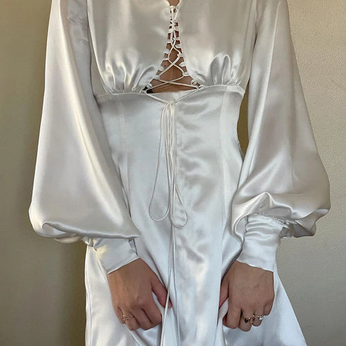 Load image into Gallery viewer, Elegant Long Sleeved Satin Lace Up Dress For Women Bodycon Suit Collar Hollow Out Dress Casual Female Party Club Vesidos
