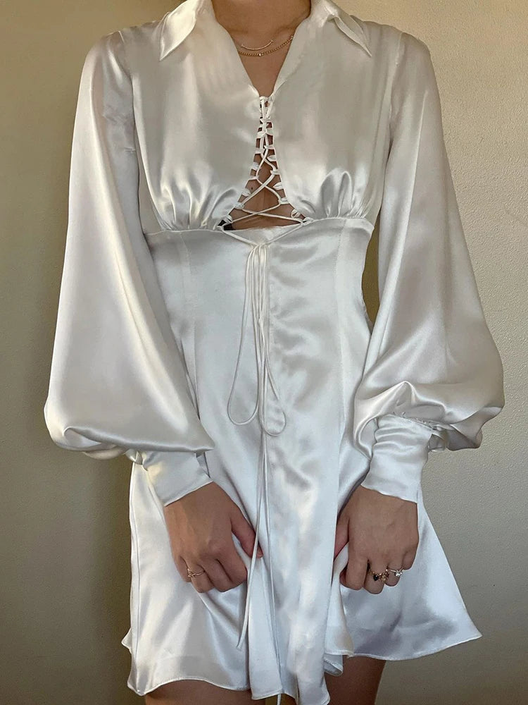 Elegant Long Sleeved Satin Lace Up Dress For Women Bodycon Suit Collar Hollow Out Dress Casual Female Party Club Vesidos
