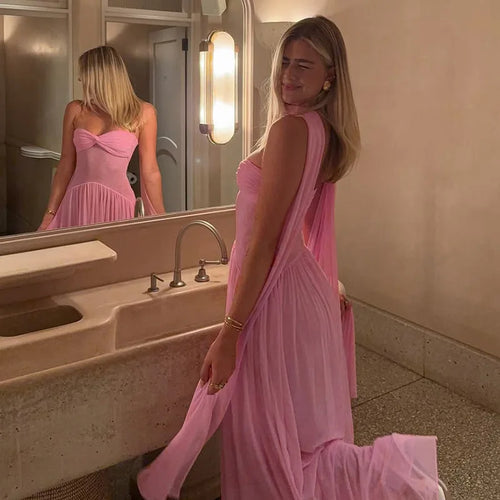 Load image into Gallery viewer, Scarf Collar Backless Sexy Maxi Dress For Women Gown Pink Strapless Off-shoulder Backless Mesh Long Dress Vestido
