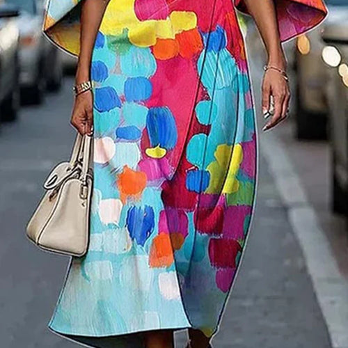 Load image into Gallery viewer, African Dresses for Woman Summer Short Sleeves Asymmetric Tied Waist Casual 1 Pieces Woman Midi Colorful Dress
