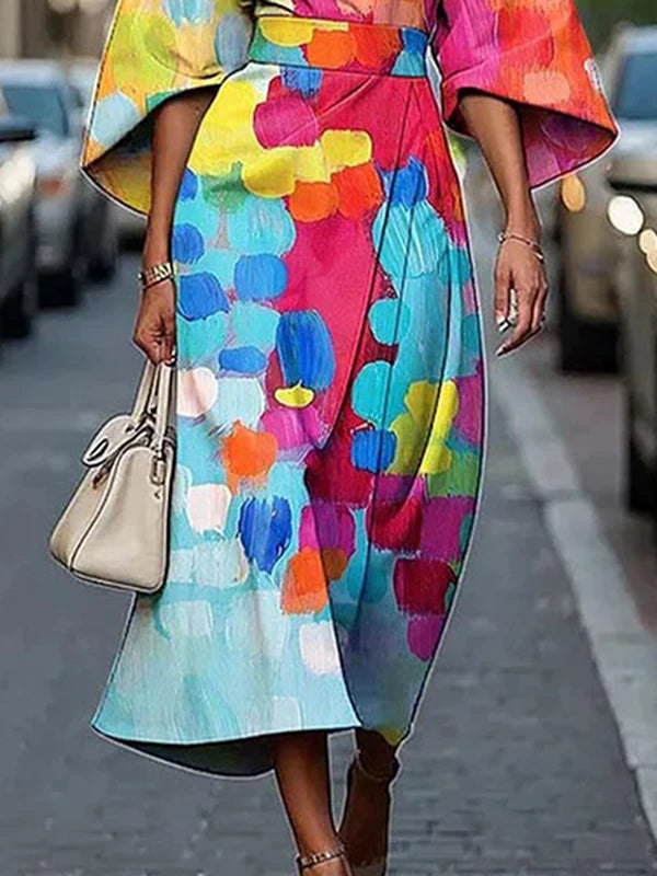 African Dresses for Woman Summer Short Sleeves Asymmetric Tied Waist Casual 1 Pieces Woman Midi Colorful Dress