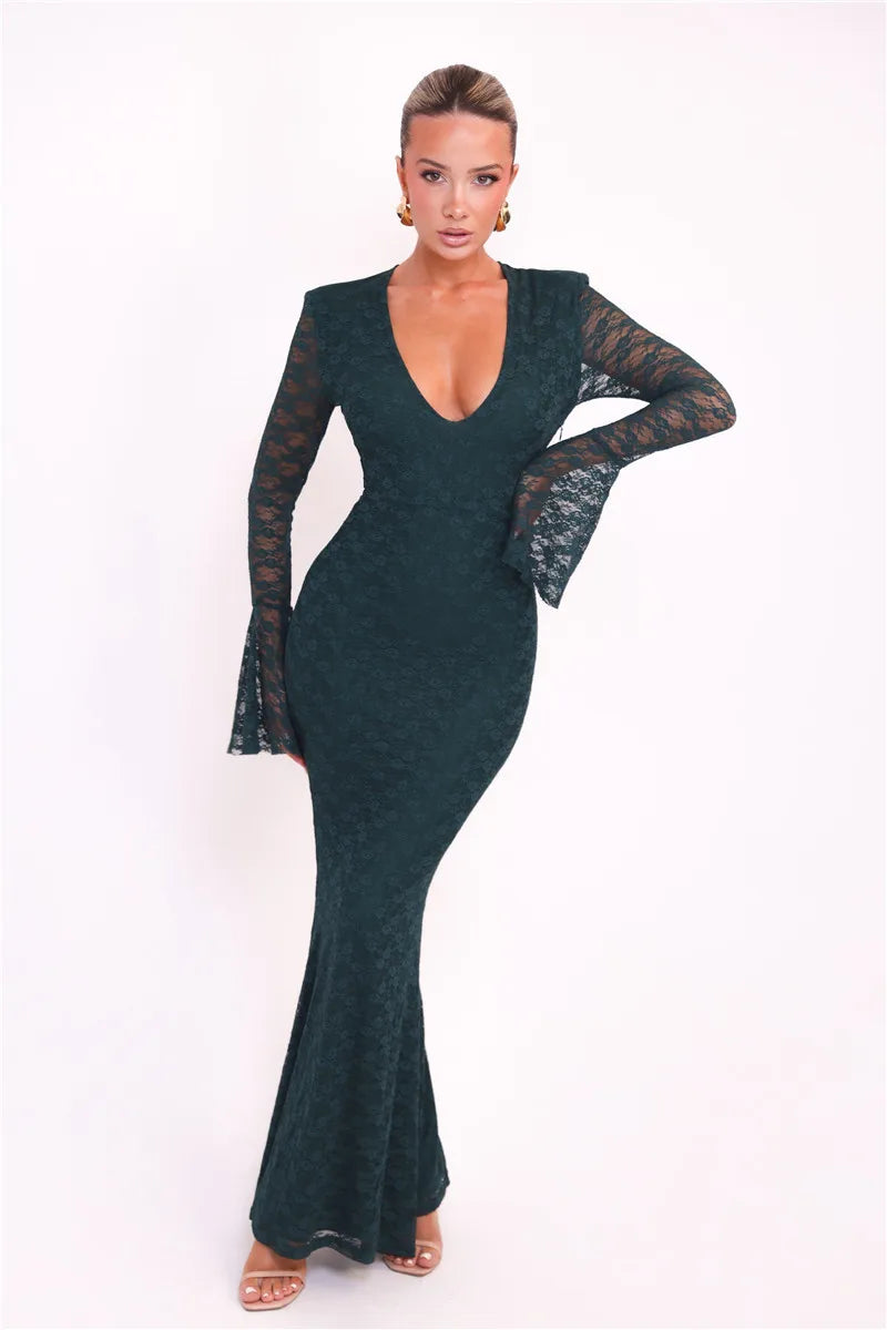 Elegant Lace Long Sleeve Sexy Maxi Dress For Women Fashion Deep V Neck Bodycon Party Club Sexy Long Dress Fashion