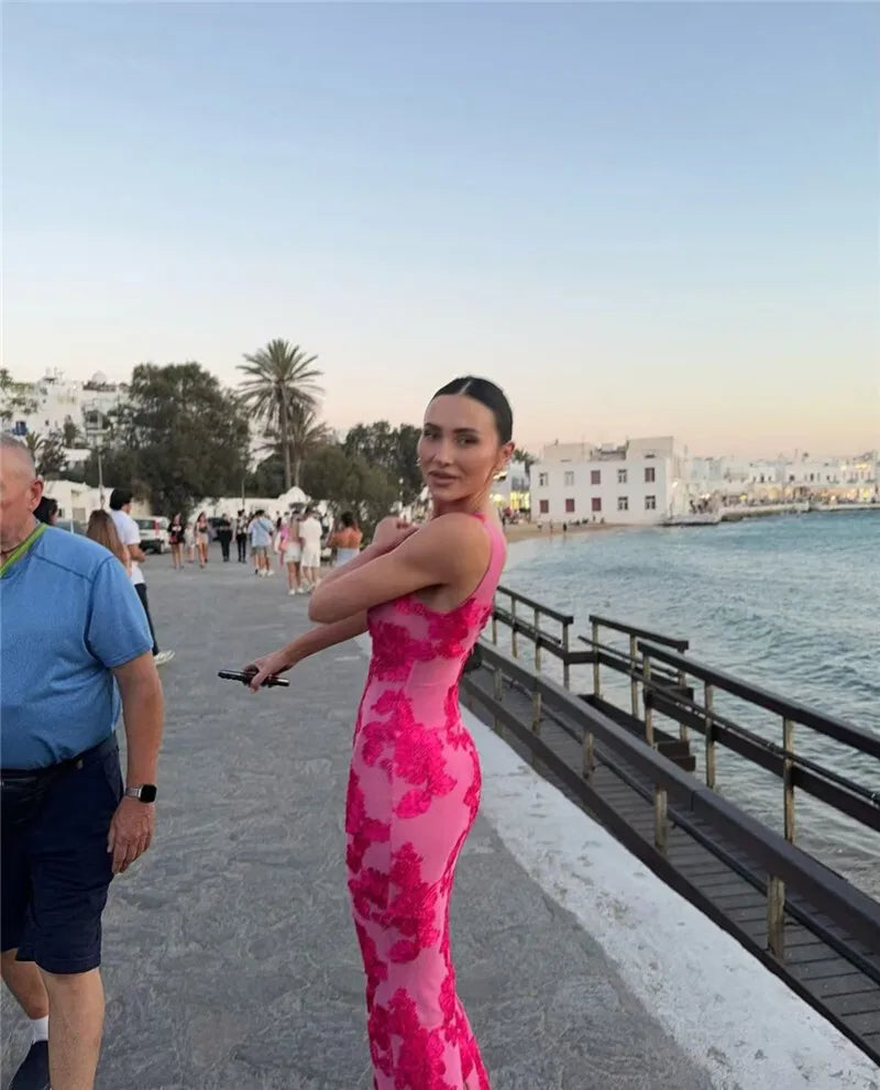 Elegant Floral Print Sexy Maxi Dress For Women Embroidered Applique Tank Dress Femme Bodycon Club Party Long Dress