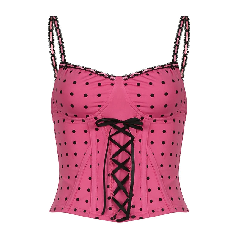 Vintage Sweet Chic Sexy Corset Top Camisole Japanese Y2K Aesthetic Polka Dot Party Tops Lace Up Coquette Clothes Cute
