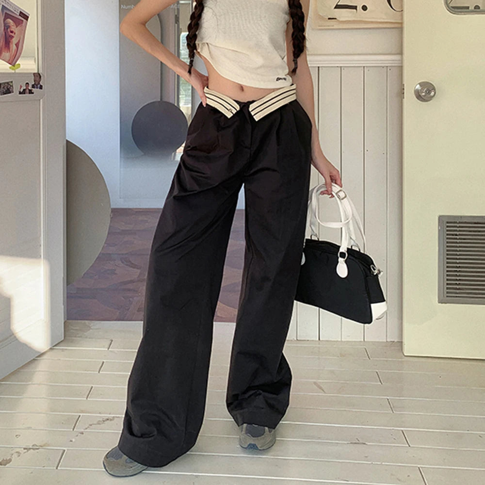 Colorblock Casual Wide Leg Pants For Women High Waist Loose