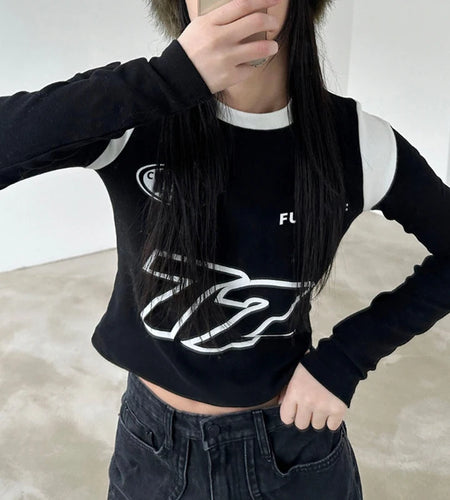 Harajuku Print Long Sleeve Tees Japanese Y2K Casual Autumn T shirt Female Contrast Preppy Style Tops Kawaii Clothing
