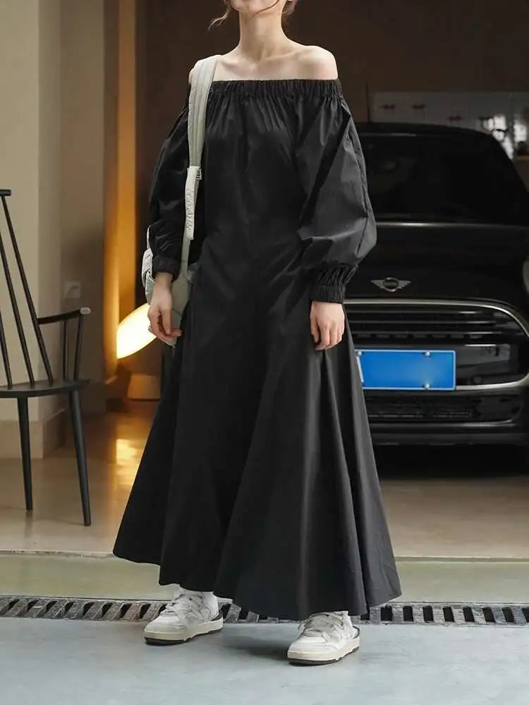 Women Black Brief Long Elegant Dress New Slash Neck Long Puff Sleeve Loose Fit Fashion Tide Spring Autumn 2025 1DF9947