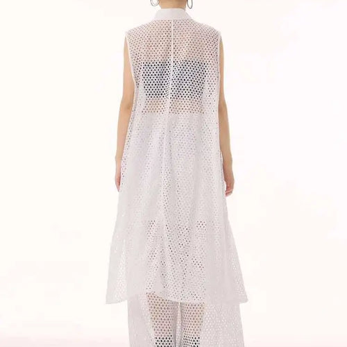 Load image into Gallery viewer, Women White Hollow Out Big Size Long Elegant Shirt Dress New Lapel Sleeveless Fashion Tide Spring Autumn 2025 1DH9424
