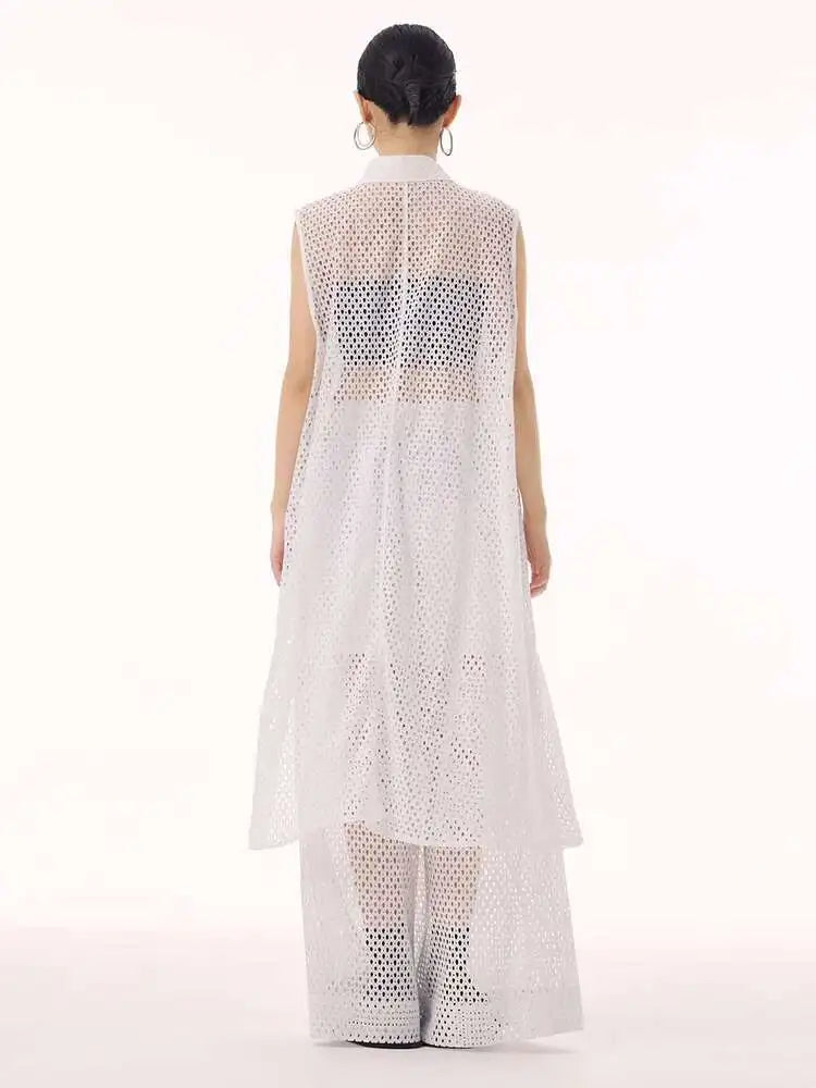 Women White Hollow Out Big Size Long Elegant Shirt Dress New Lapel Sleeveless Fashion Tide Spring Autumn 2025 1DH9424