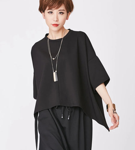 Women Black Back Zipper Irregular Big Size T-shirt New Round Neck Half Sleeve Fashion Tide Spring Summer 2025 1DJ1876