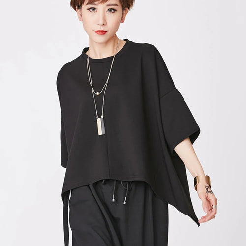 Load image into Gallery viewer, Women Black Back Zipper Irregular Big Size T-shirt New Round Neck Half Sleeve Fashion Tide Spring Summer 2025 1DJ1876

