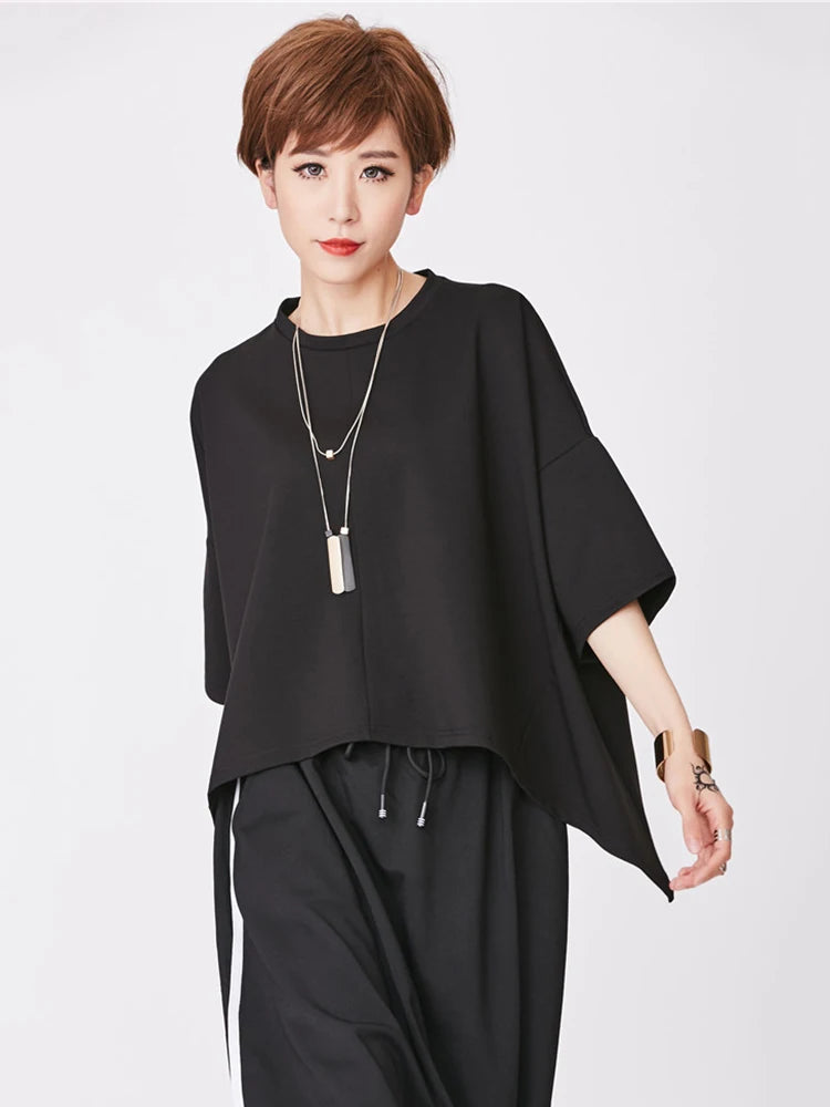 Women Black Back Zipper Irregular Big Size T-shirt New Round Neck Half Sleeve Fashion Tide Spring Summer 2025 1DJ1876