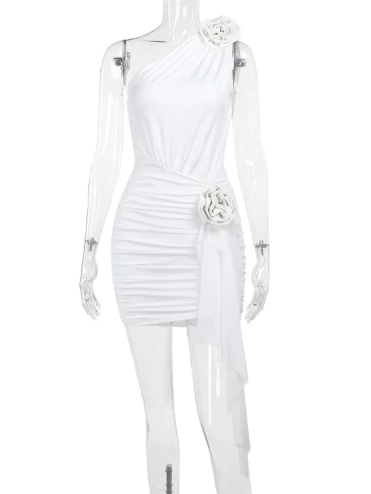 Elegant Single Shoulder 3D Flower Shrinking Tight Short Skirt For Women 2024 Summer New Dress Party Club Evening Dress