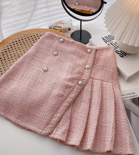 Autumn Winter Retro Plaid Slim Pleated A-line Woolen Half-length Skirt Womens Irregular Pearl Buckle High Waist Mini Tweed Skirt