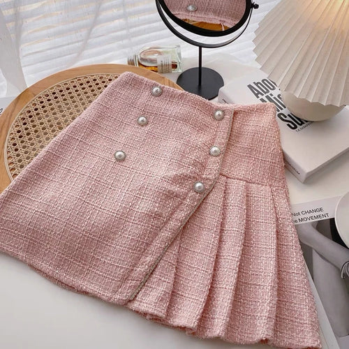 Load image into Gallery viewer, Autumn Winter Retro Plaid Slim Pleated A-line Woolen Half-length Skirt Womens Irregular Pearl Buckle High Waist Mini Tweed Skirt
