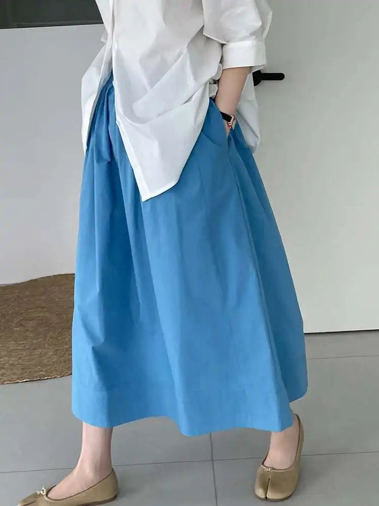 High Elastic Waist Blue Yellow Brief Casual A-line Half-body Skirt Women Fashion Tide New Spring Autumn 2025 1DH5609
