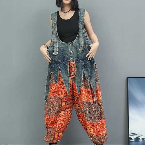 Load image into Gallery viewer, High Waist Blue Denim Irregular Printed Casual Overalls Jeans New Women Trousers Fashion Tide Spring Autumn 2025 1DJ1350
