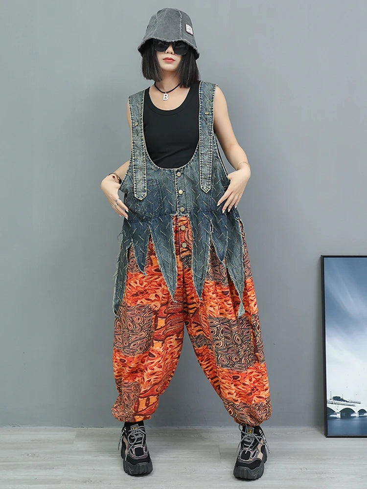High Waist Blue Denim Irregular Printed Casual Overalls Jeans New Women Trousers Fashion Tide Spring Autumn 2025 1DJ1350